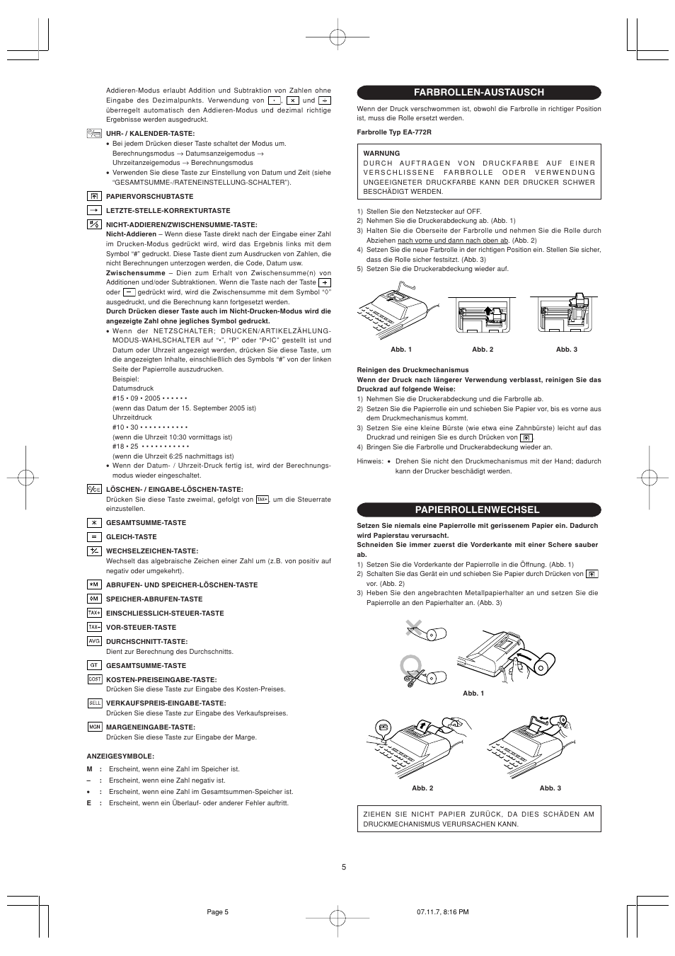 Farbrollen-austausch, Papierrollenwechsel | Sharp EL-2901PIII User Manual | Page 7 / 44
