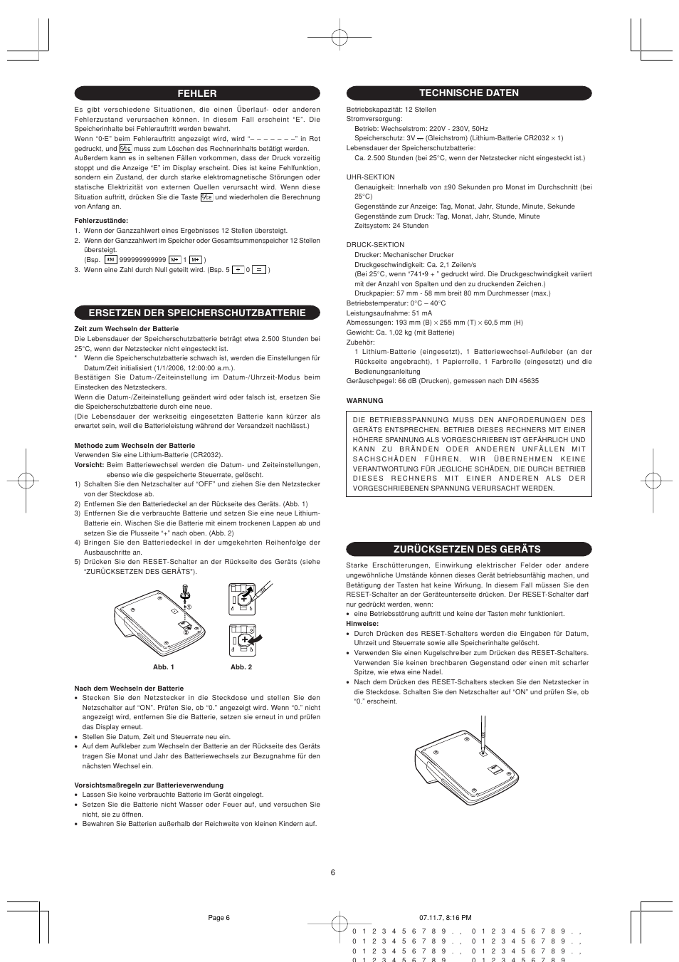 Ersetzen der speicherschutzbatterie, Technische daten, Zurücksetzen des geräts | Fehler | Sharp EL-2901PIII User Manual | Page 8 / 44