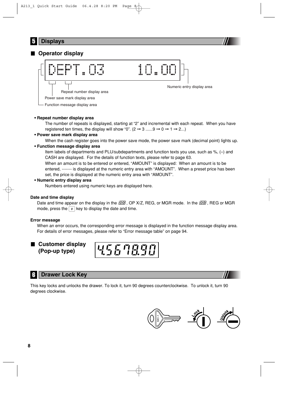 Operator display, Customer display (pop-up type), Displays | Drawer lock key | Sharp XE-A213 User Manual | Page 10 / 484