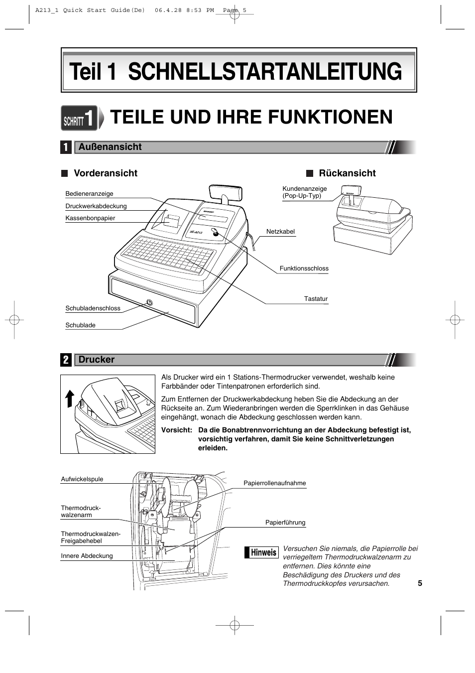 Teil 1 schnellstartanleitung, Teile und ihre funktionen, Schritt | Sharp XE-A213 User Manual | Page 103 / 484