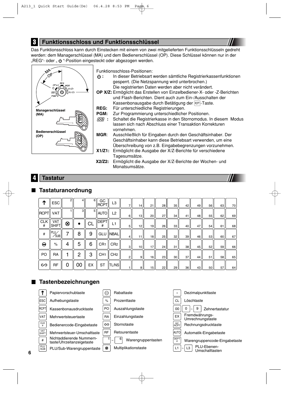 Tastaturanordnung tastenbezeichnungen, Funktionsschloss und funktionsschlüssel, Tastatur | Sharp XE-A213 User Manual | Page 104 / 484