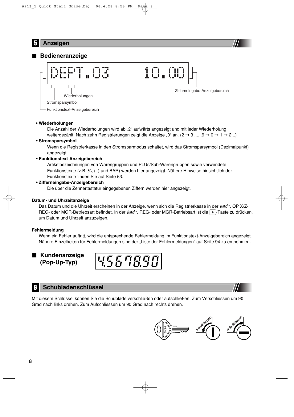 Bedieneranzeige, Kundenanzeige (pop-up-typ), Anzeigen | Schubladenschlüssel | Sharp XE-A213 User Manual | Page 106 / 484