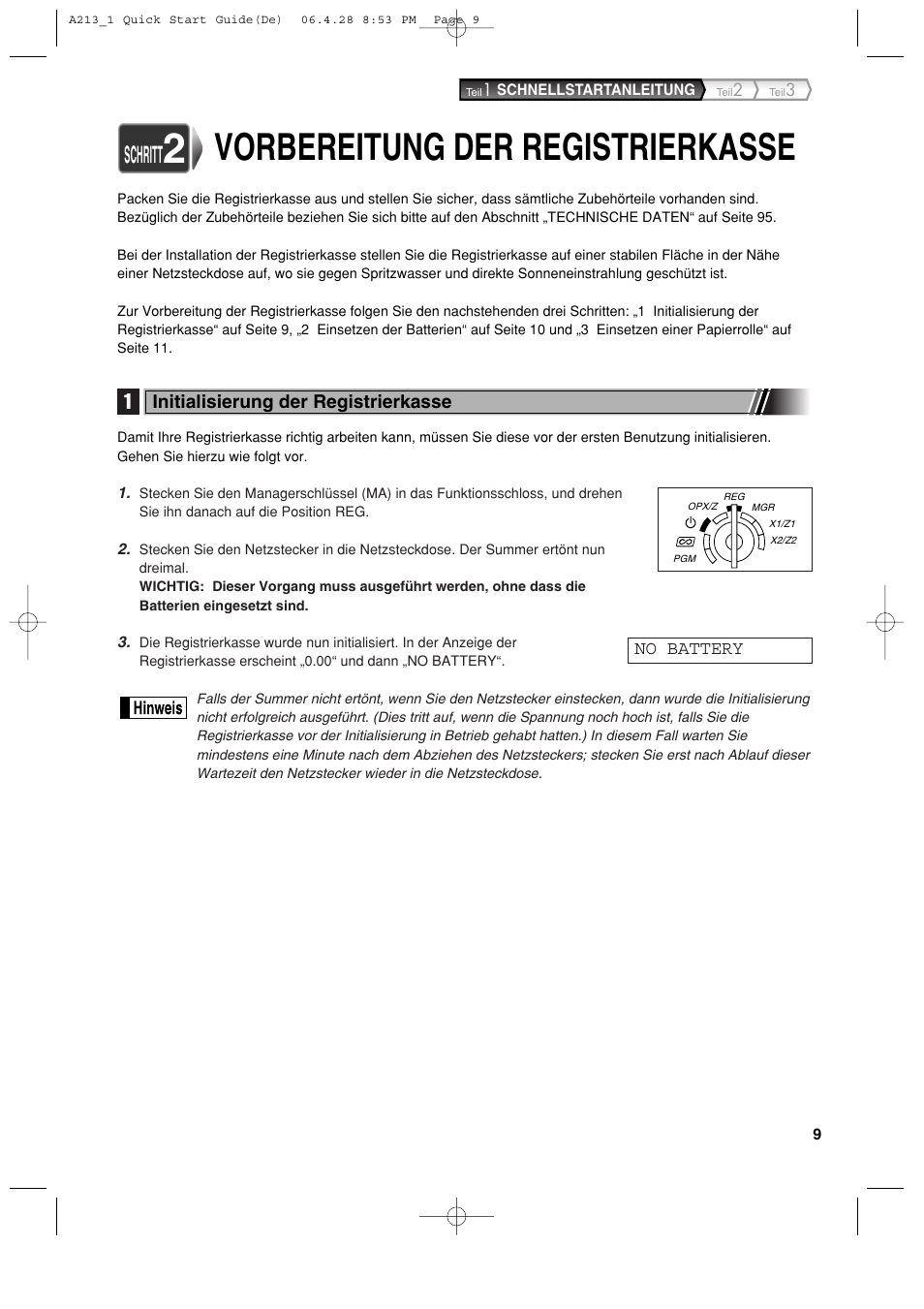 Vorbereitung der registrierkasse, Schritt | Sharp XE-A213 User Manual | Page 107 / 484