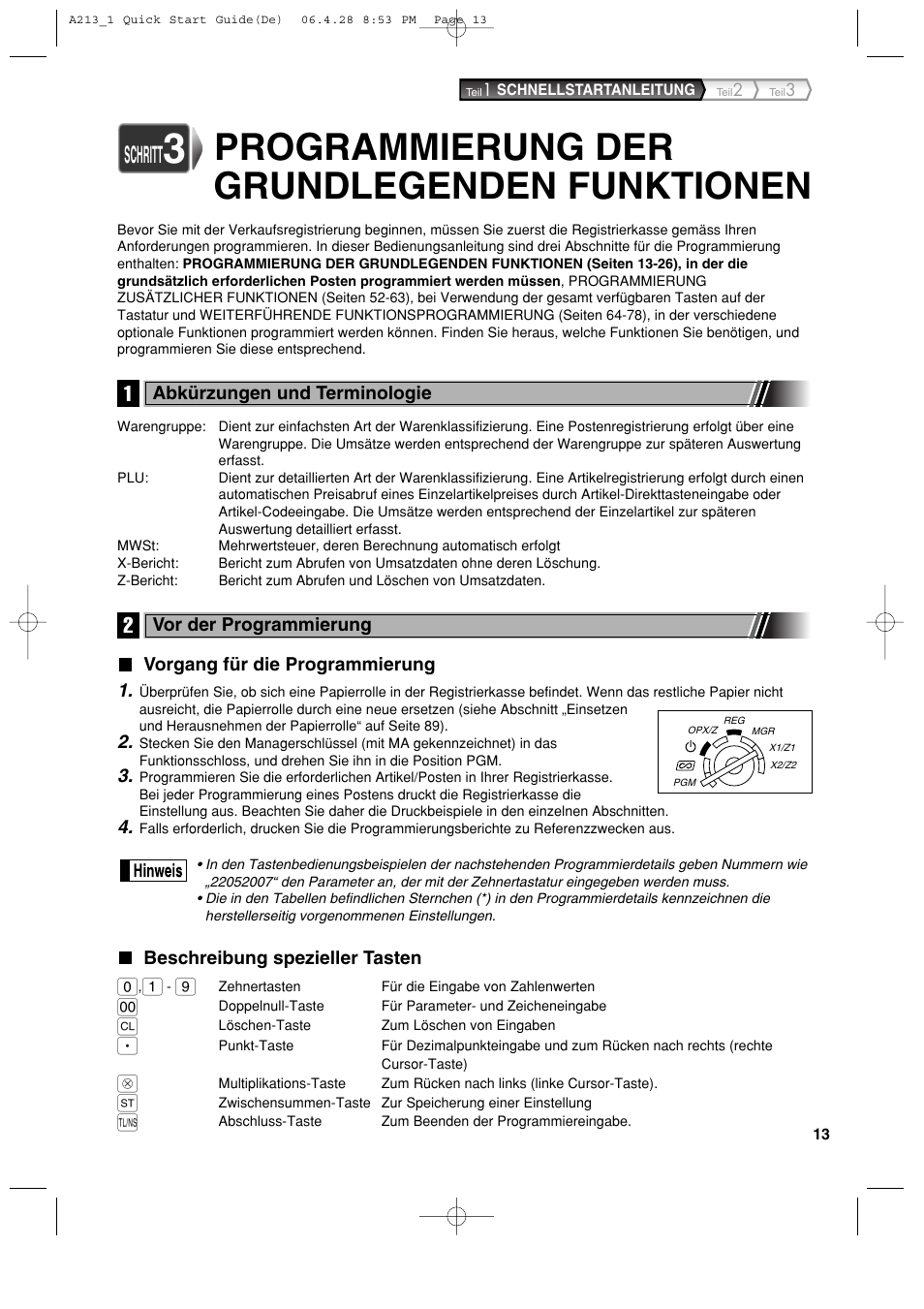 Programmierung der grundlegenden funktionen, Schritt | Sharp XE-A213 User Manual | Page 111 / 484