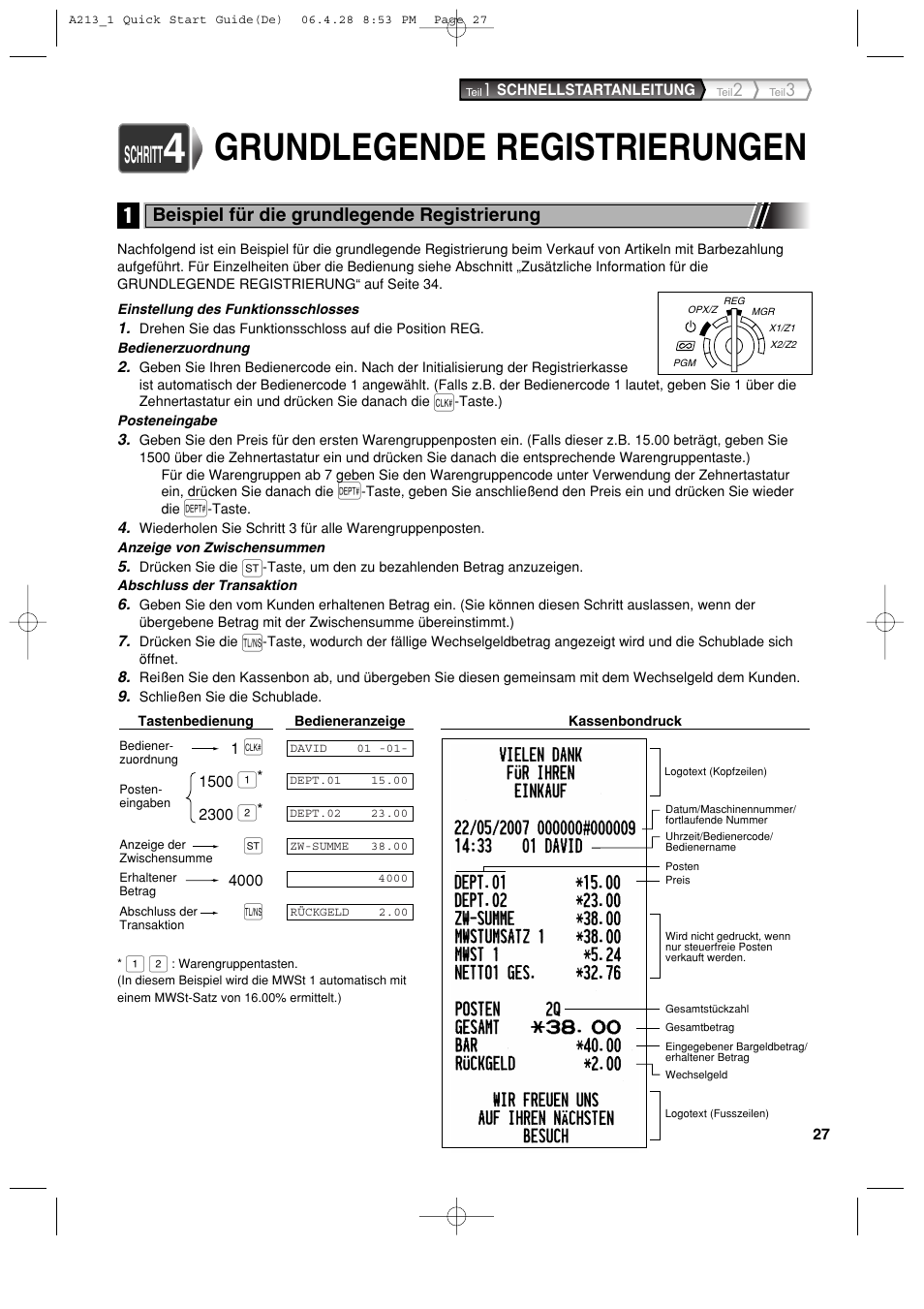 Grundlegende registrierungen, Schritt, Beispiel für die grundlegende registrierung | Sharp XE-A213 User Manual | Page 125 / 484