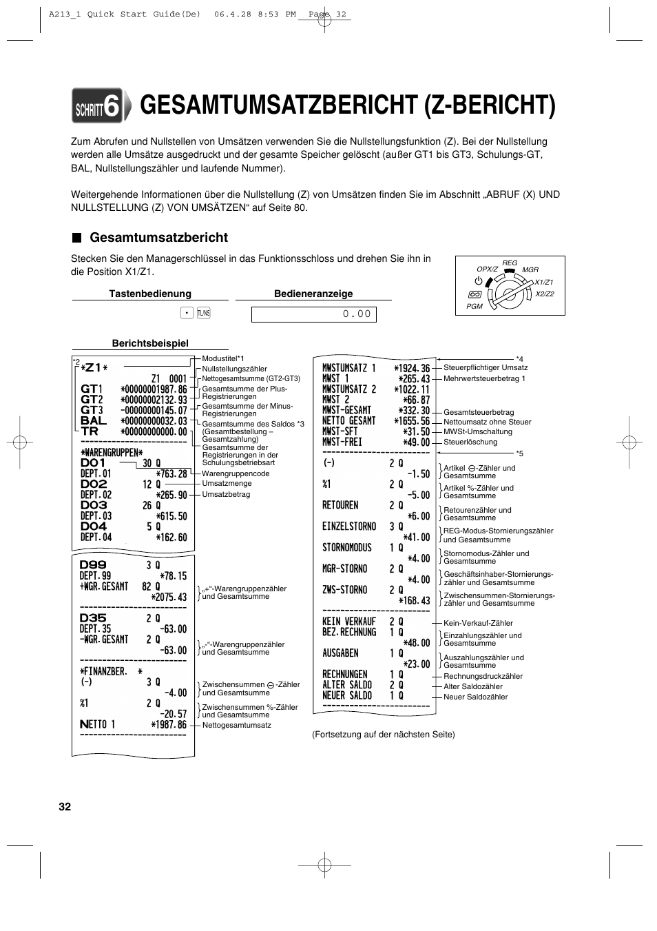 Gesamtumsatzbericht (z-bericht), Schritt, Gesamtumsatzbericht | Sharp XE-A213 User Manual | Page 130 / 484