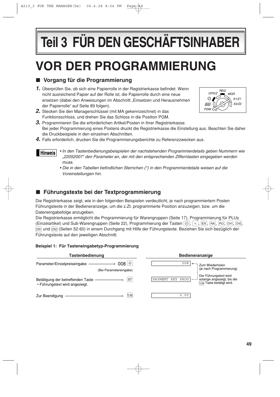 Teil 3 für den geschäftsinhaber, Vor der programmierung | Sharp XE-A213 User Manual | Page 147 / 484