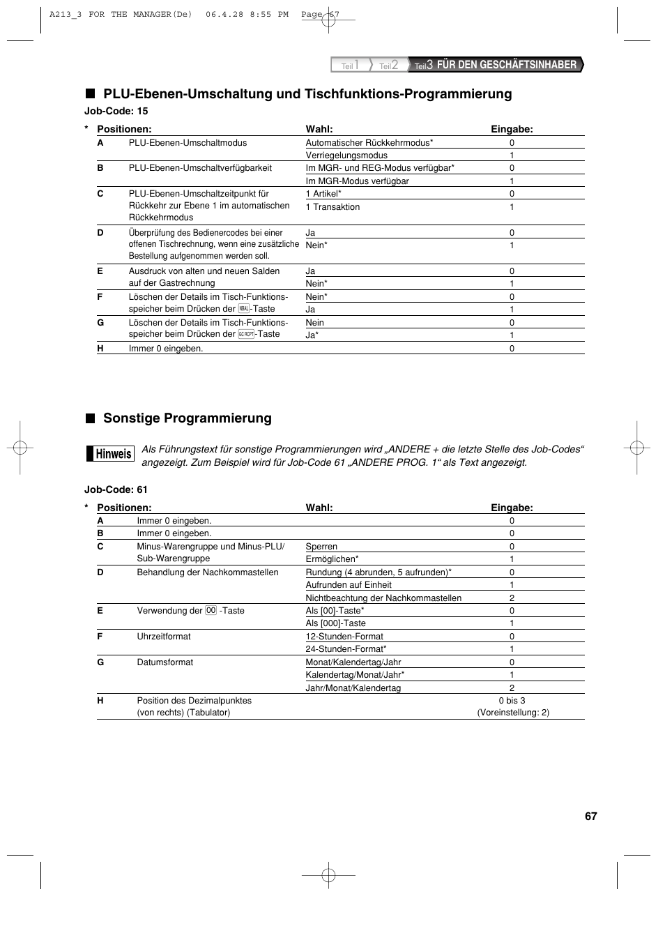 Sonstige programmierung, Für den geschäftsinhaber | Sharp XE-A213 User Manual | Page 165 / 484