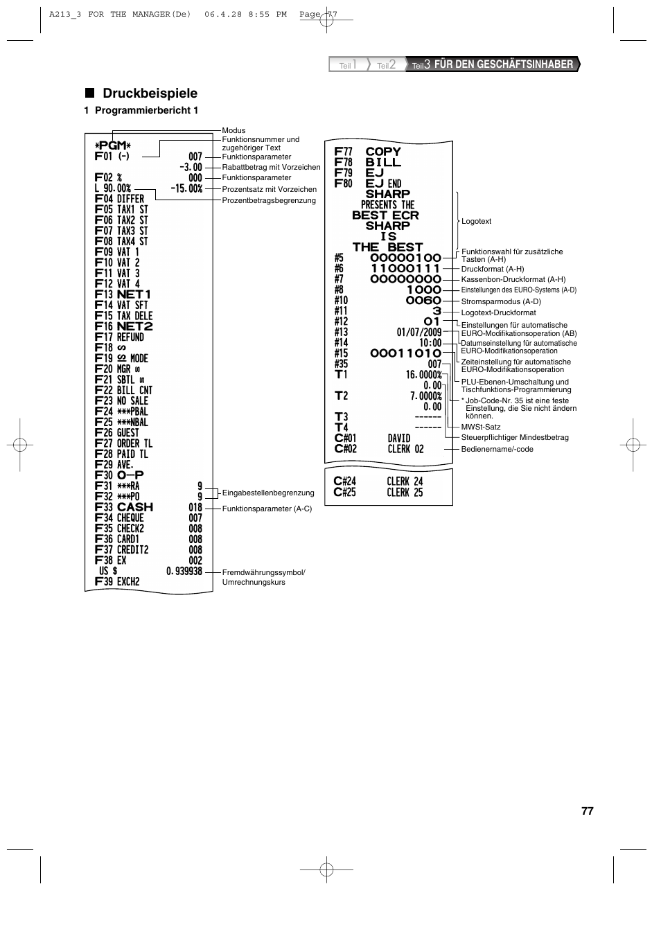 Druckbeispiele, Für den geschäftsinhaber | Sharp XE-A213 User Manual | Page 175 / 484