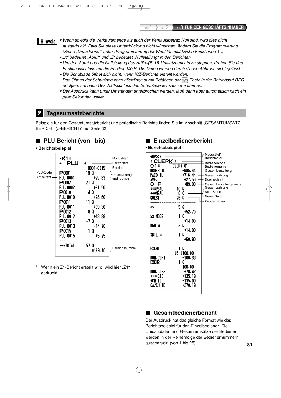 Plu-bericht (von - bis), Einzelbedienerbericht, Gesamtbedienerbericht | Tagesumsatzberichte | Sharp XE-A213 User Manual | Page 179 / 484