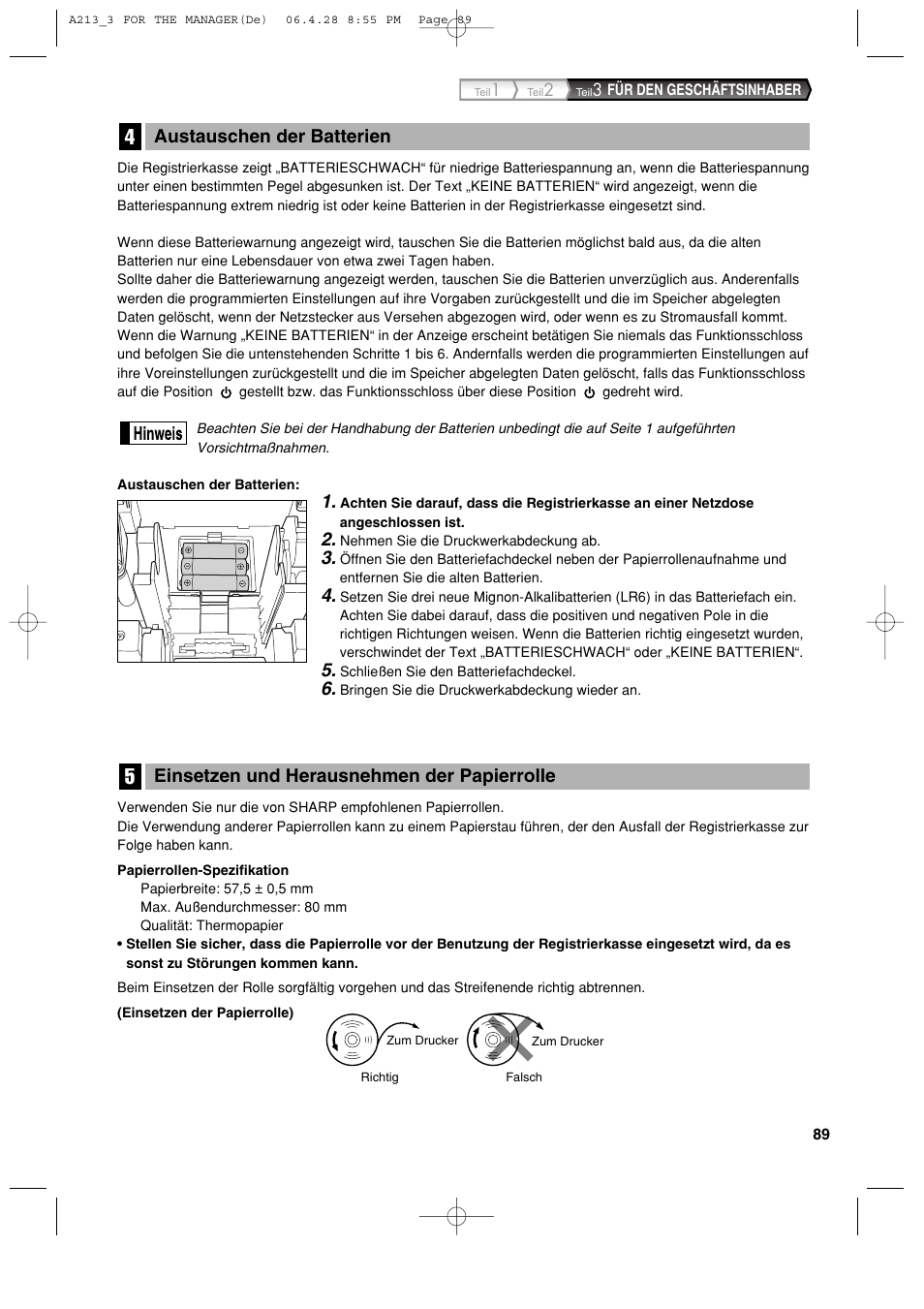 Einsetzen und herausnehmen der papierrolle, Austauschen der batterien | Sharp XE-A213 User Manual | Page 187 / 484