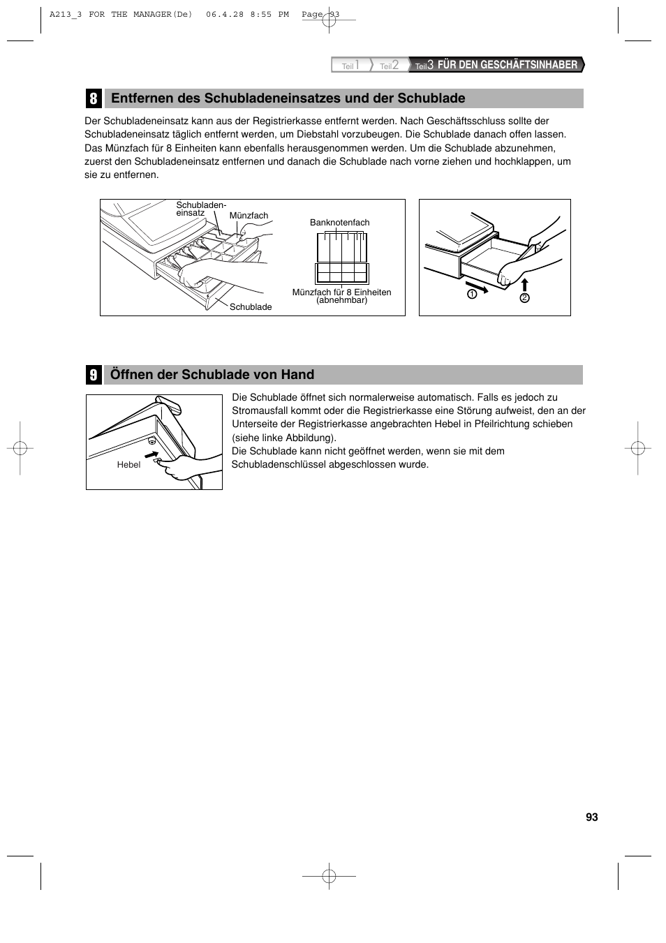 Öffnen der schublade von hand | Sharp XE-A213 User Manual | Page 191 / 484