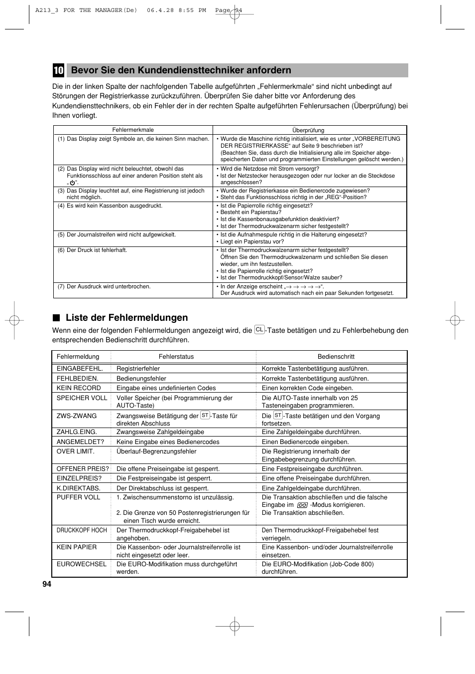 Liste der fehlermeldungen, Bevor sie den kundendiensttechniker anfordern | Sharp XE-A213 User Manual | Page 192 / 484