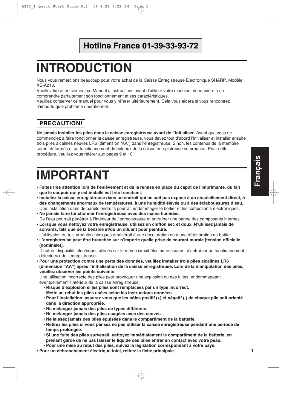Introduction, Important, Français | Sharp XE-A213 User Manual | Page 195 / 484