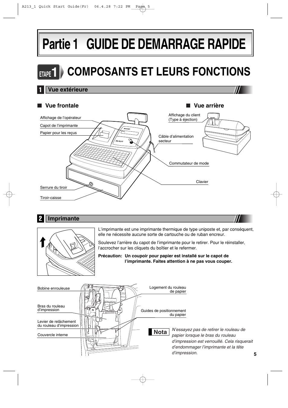 Partie 1 guide de demarrage rapide, Composants et leurs fonctions, Etape | Sharp XE-A213 User Manual | Page 199 / 484