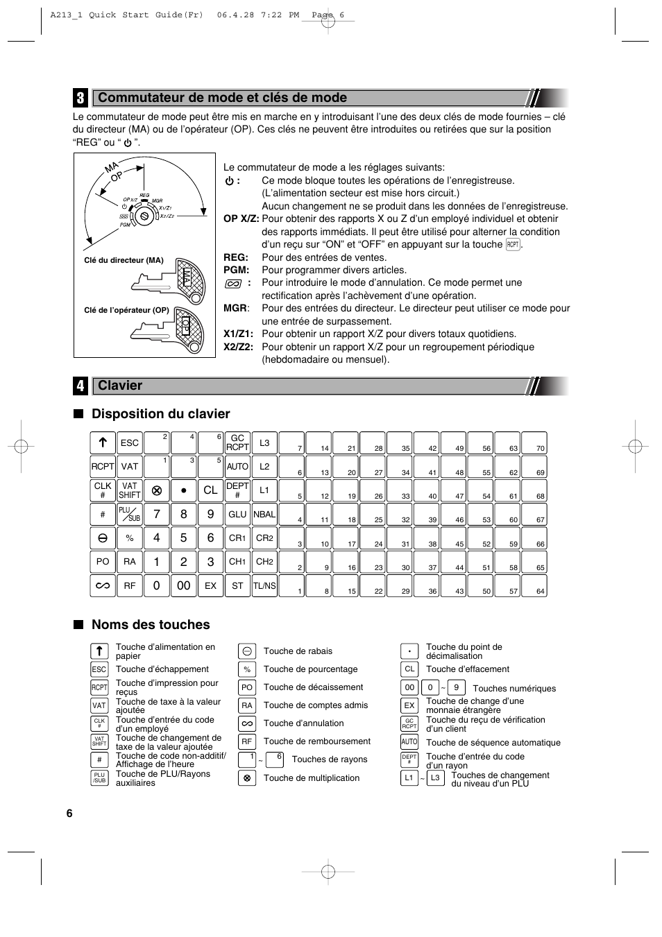 Disposition du clavier noms des touches, Commutateur de mode et clés de mode, Clavier | Sharp XE-A213 User Manual | Page 200 / 484