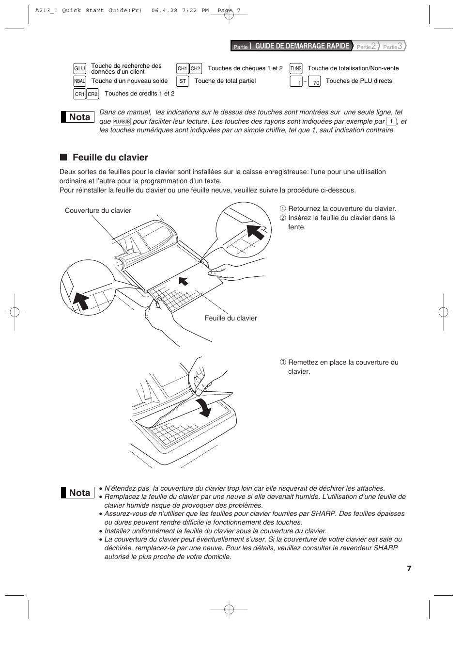 Feuille du clavier, Nota | Sharp XE-A213 User Manual | Page 201 / 484