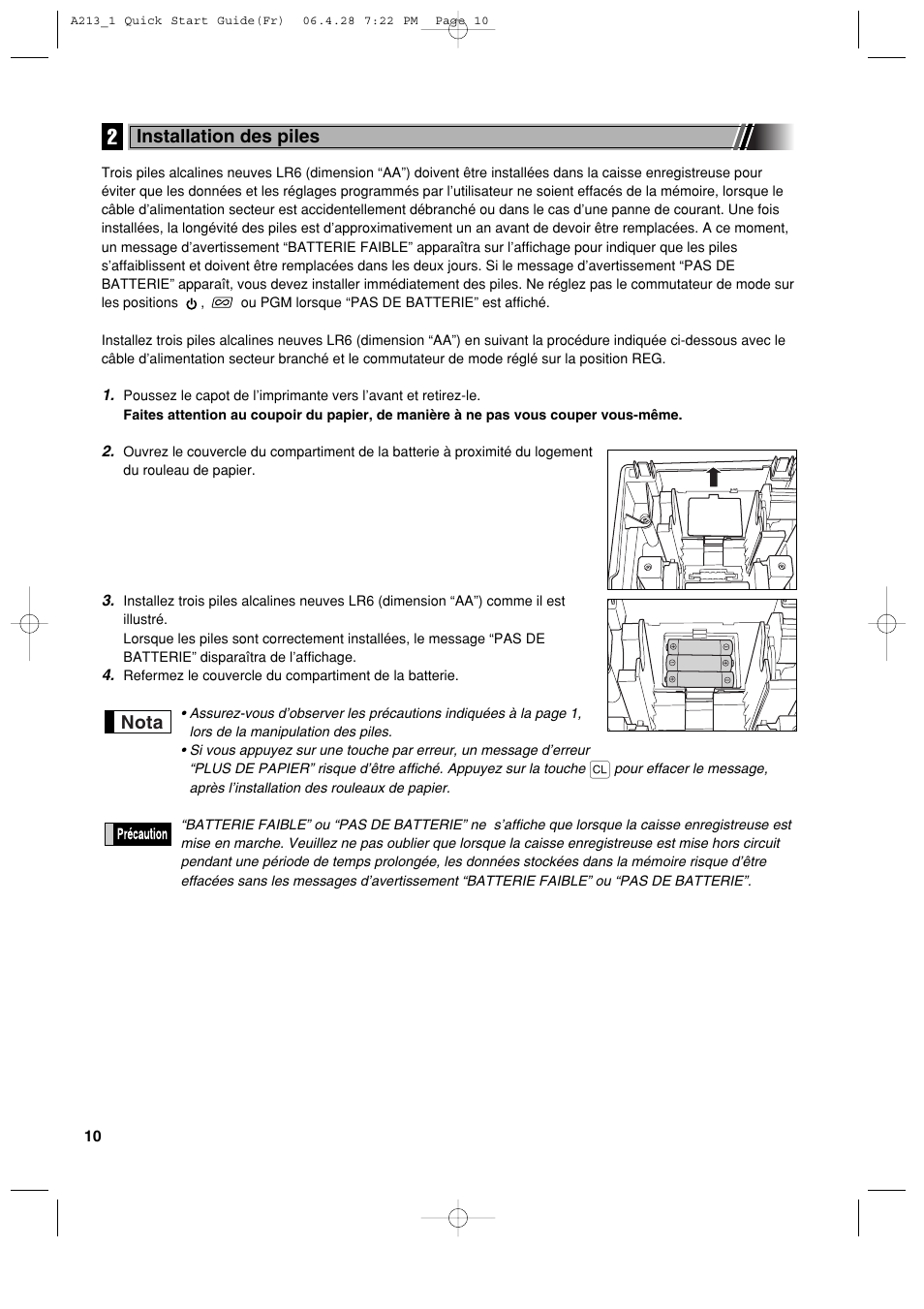 Nota, Installation des piles | Sharp XE-A213 User Manual | Page 204 / 484