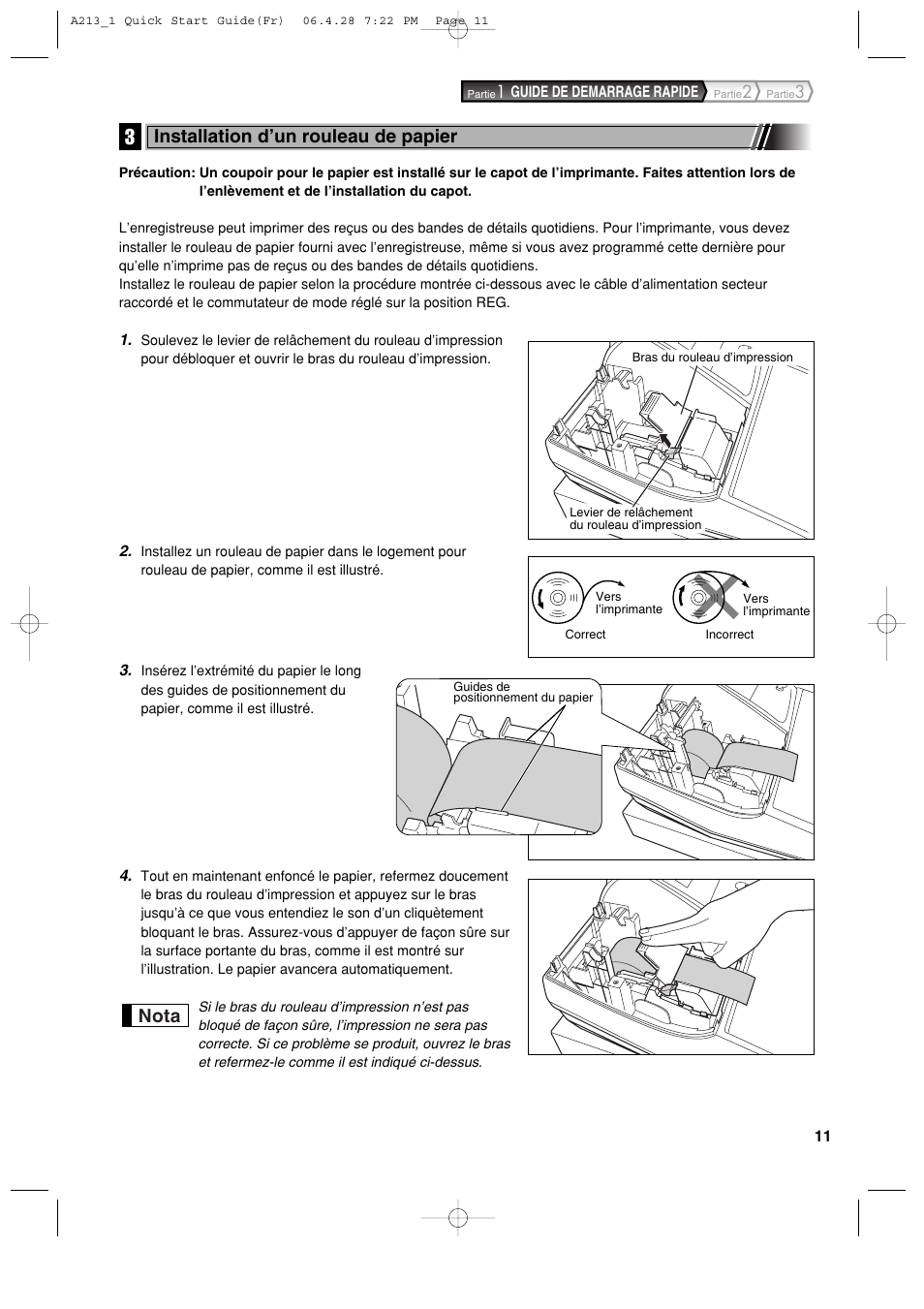 Nota, Installation d’un rouleau de papier | Sharp XE-A213 User Manual | Page 205 / 484