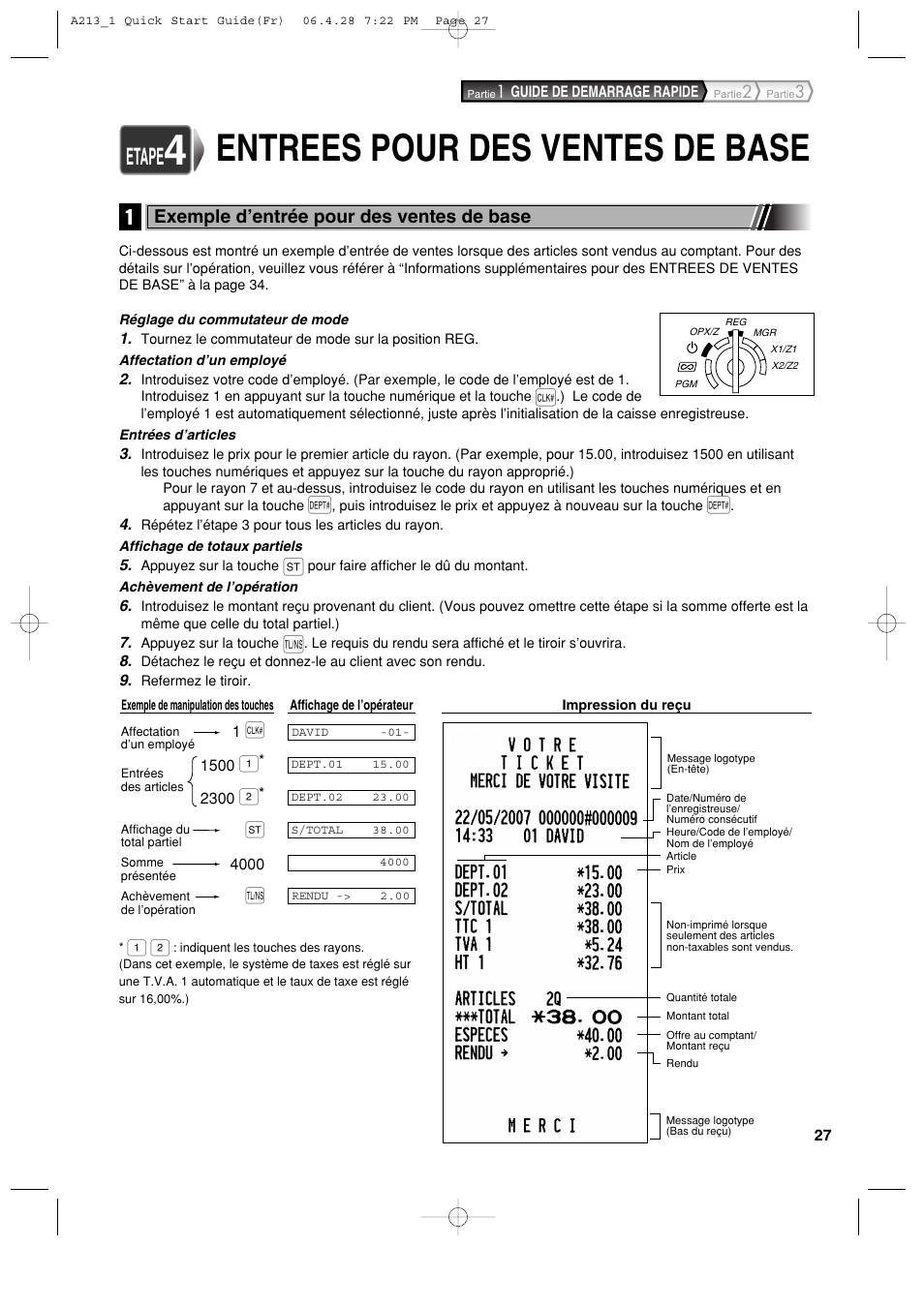 Entrees pour des ventes de base, Etape, Exemple d’entrée pour des ventes de base | Sharp XE-A213 User Manual | Page 221 / 484