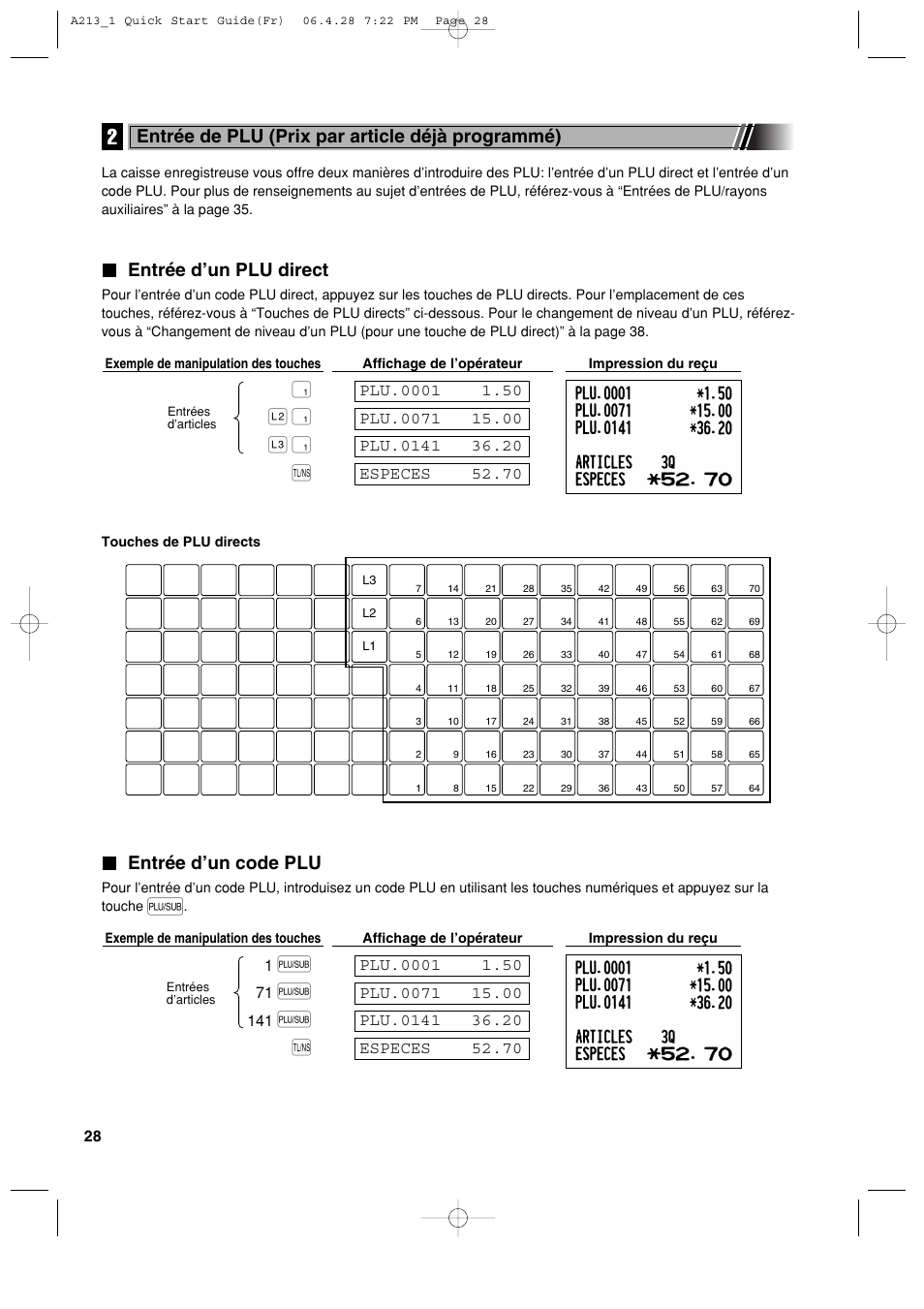 Entrée d’un plu direct, Entrée d’un code plu, Entrée de plu (prix par article déjà programmé) | Sharp XE-A213 User Manual | Page 222 / 484