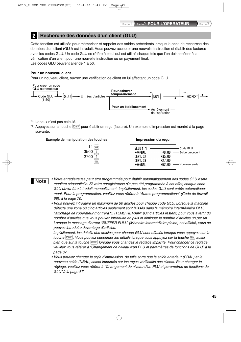 Nota, Recherche des données d’un client (glu) | Sharp XE-A213 User Manual | Page 239 / 484