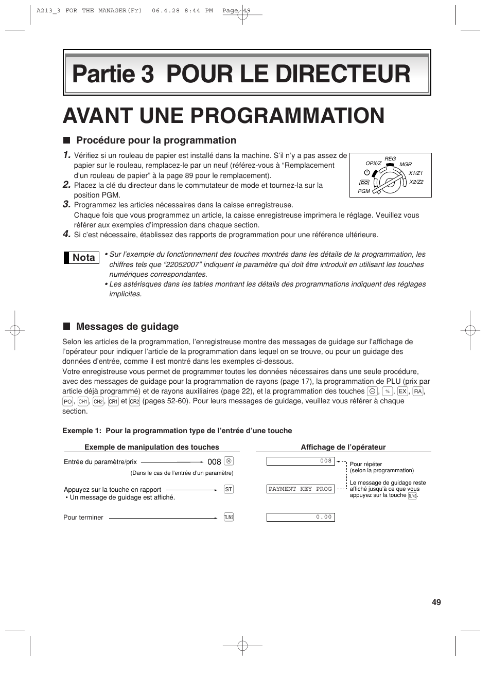 Partie 3 pour le directeur, Avant une programmation | Sharp XE-A213 User Manual | Page 243 / 484