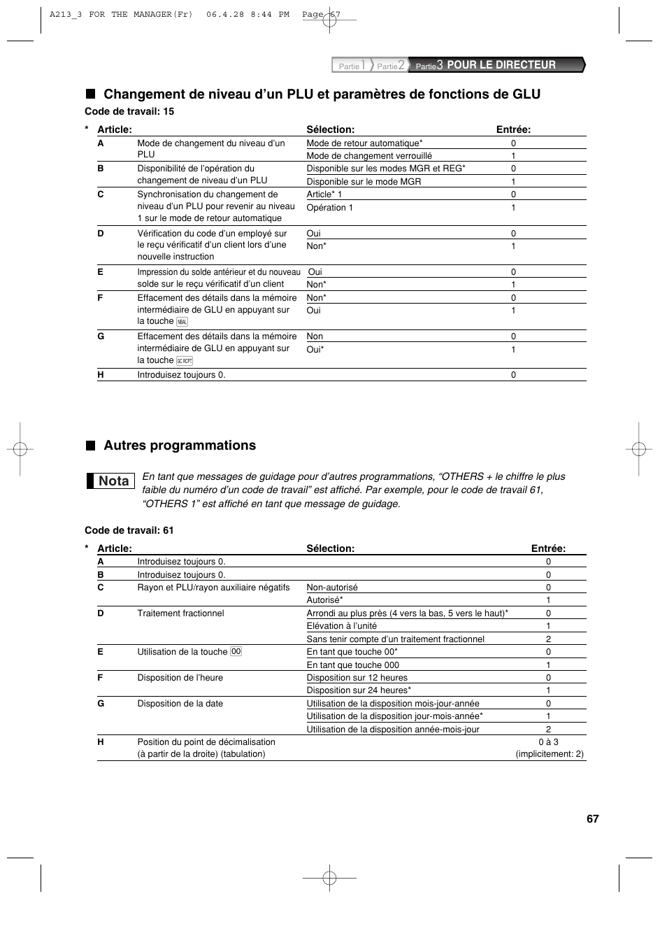 Autres programmations, Nota | Sharp XE-A213 User Manual | Page 261 / 484