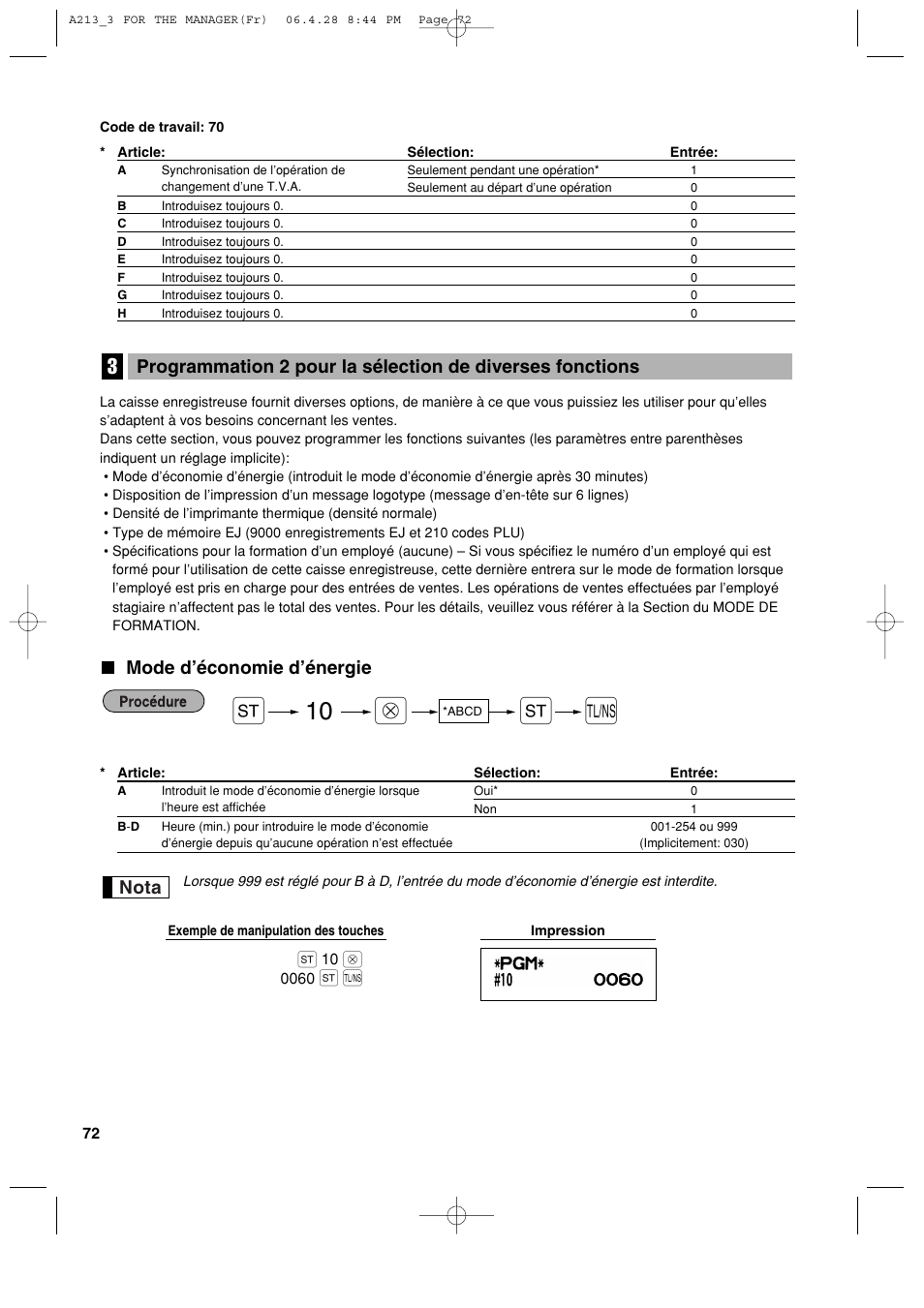 Mode d’économie d’énergie, Nota | Sharp XE-A213 User Manual | Page 266 / 484