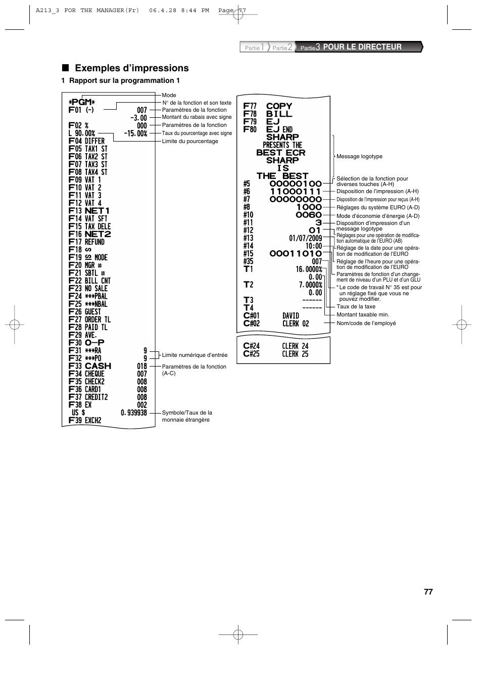 Exemples d’impressions, Pour le directeur | Sharp XE-A213 User Manual | Page 271 / 484