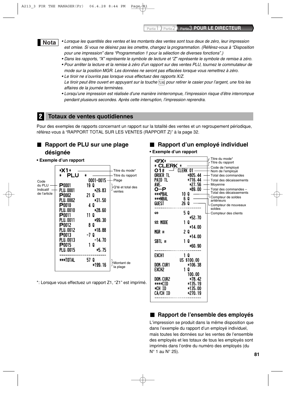 Rapport de plu sur une plage désignée, Rapport d’un employé individuel, Rapport de l’ensemble des employés | Totaux de ventes quotidiennes, Nota | Sharp XE-A213 User Manual | Page 275 / 484