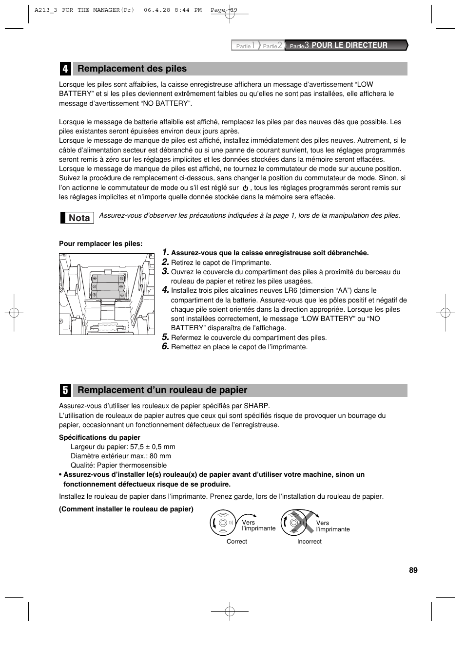 Remplacement d’un rouleau de papier, Nota remplacement des piles | Sharp XE-A213 User Manual | Page 283 / 484