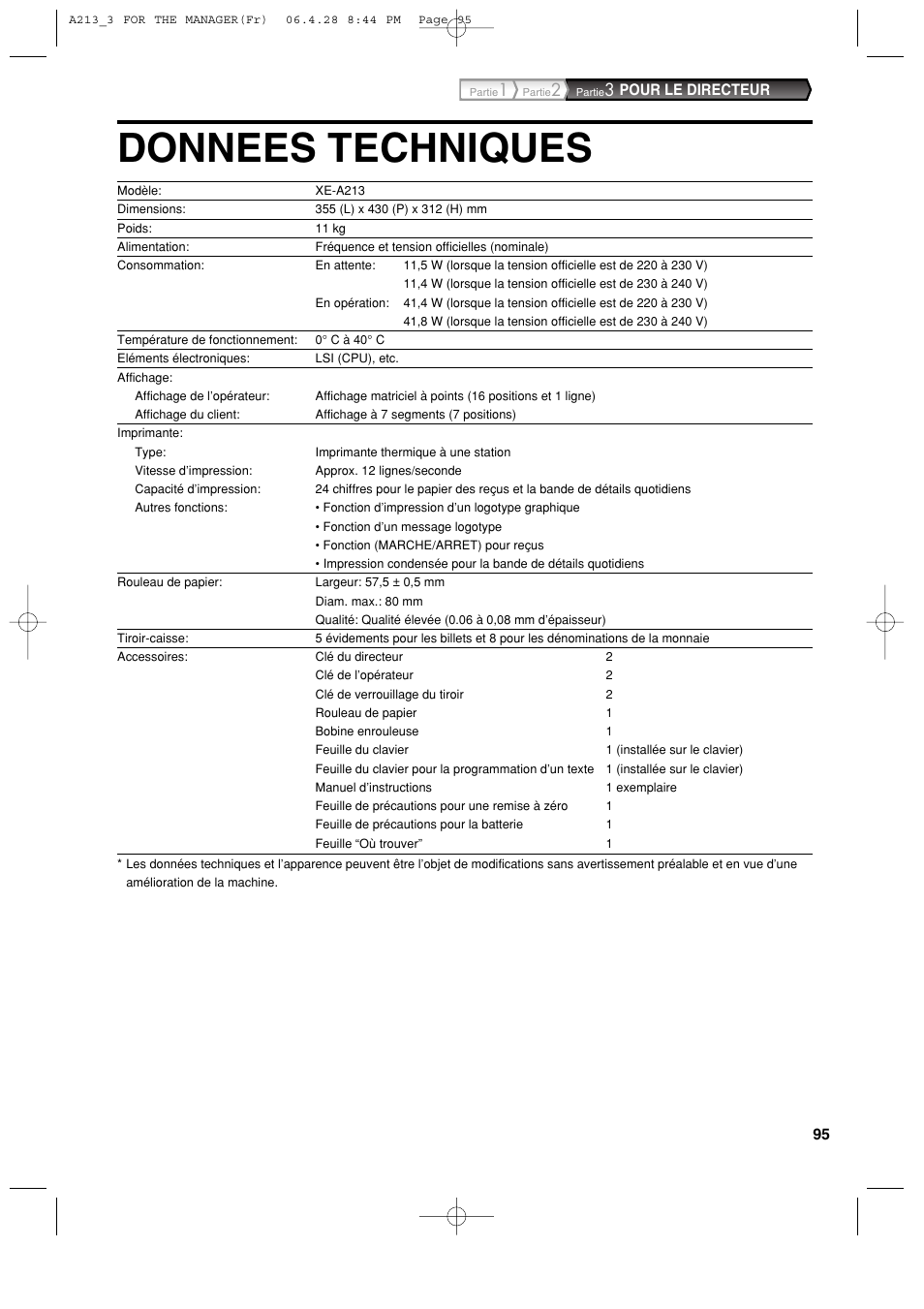 Donnees techniques | Sharp XE-A213 User Manual | Page 289 / 484