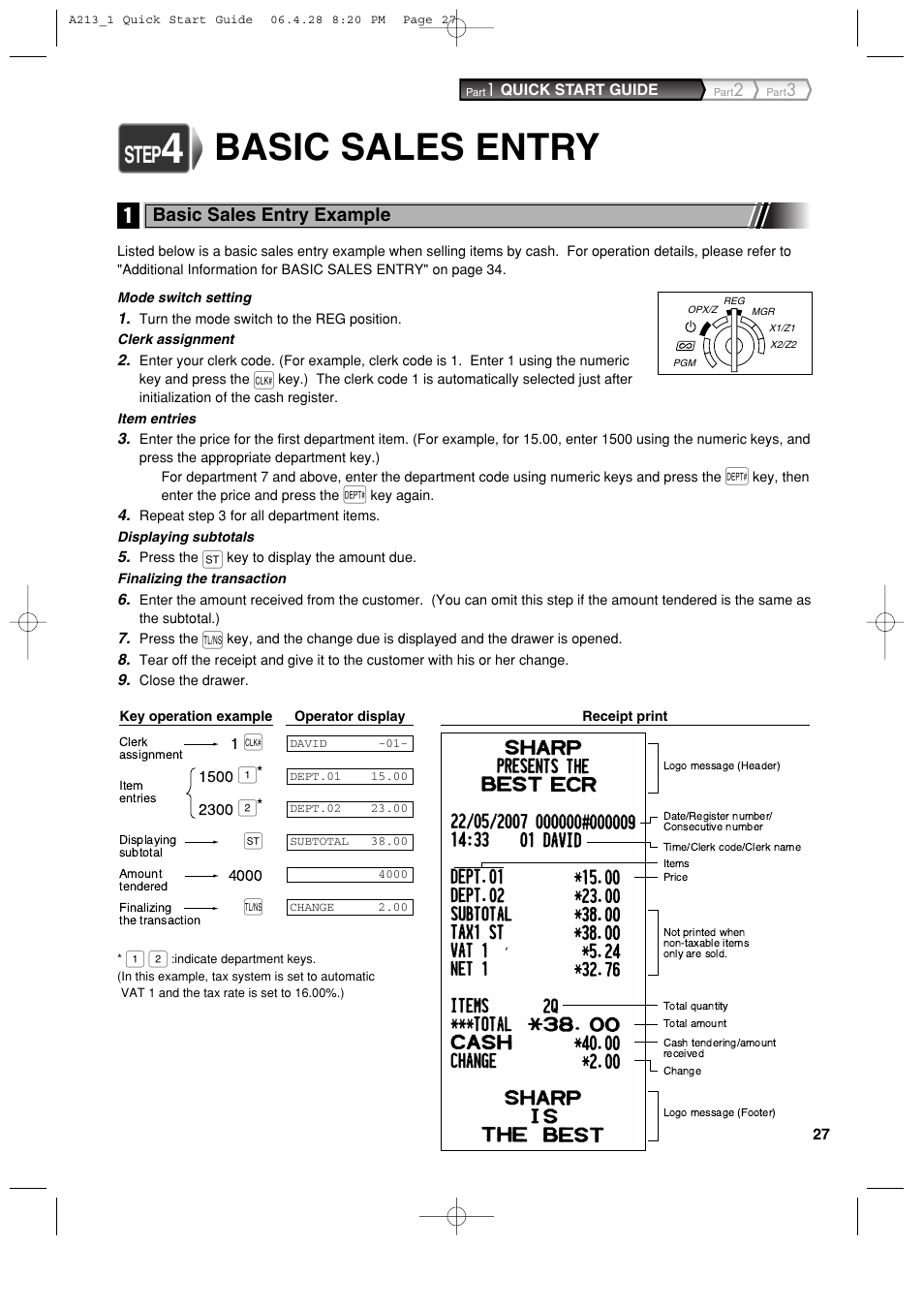 Basic sales entry, Step, Basic sales entry example | Sharp XE-A213 User Manual | Page 29 / 484