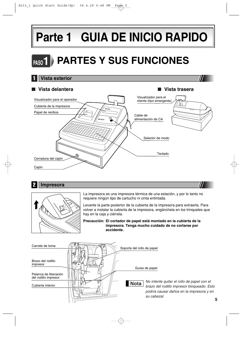 Parte 1 guia de inicio rapido, Partes y sus funciones, Paso | Sharp XE-A213 User Manual | Page 295 / 484