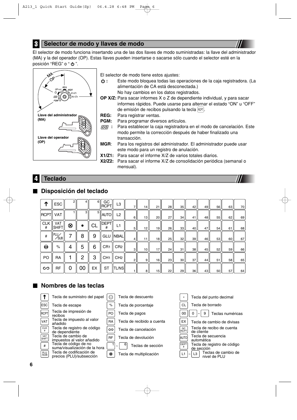 Disposición del teclado nombres de las teclas, Selector de modo y llaves de modo, Teclado | Sharp XE-A213 User Manual | Page 296 / 484