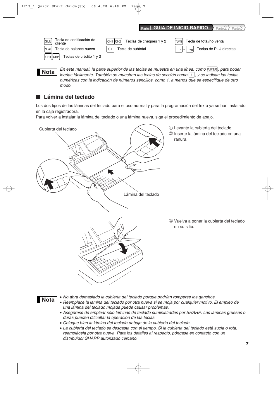 Lámina del teclado, Nota | Sharp XE-A213 User Manual | Page 297 / 484