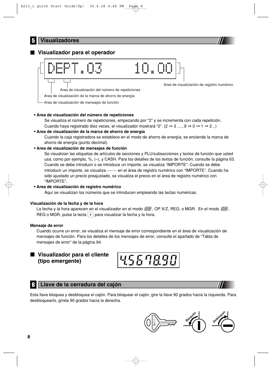 Visualizador para el operador, Visualizador para el cliente (tipo emergente), Visualizadores | Llave de la cerradura del cajón | Sharp XE-A213 User Manual | Page 298 / 484