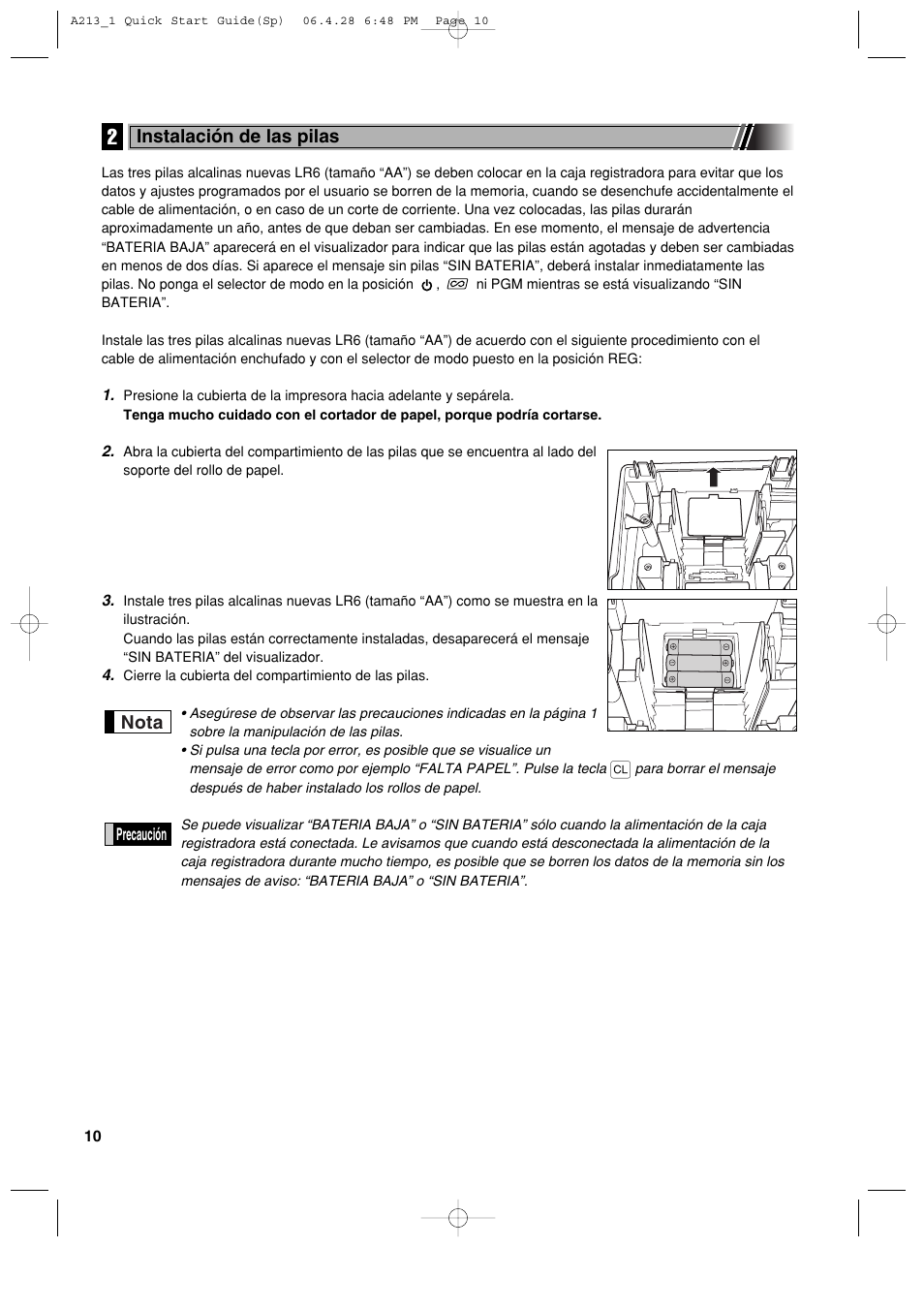 Nota, Instalación de las pilas | Sharp XE-A213 User Manual | Page 300 / 484