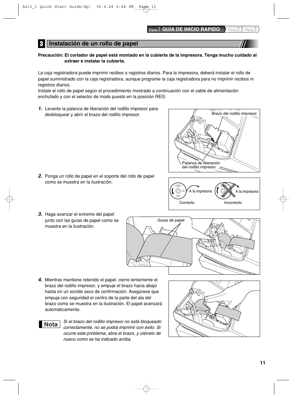 Nota, Instalación de un rollo de papel | Sharp XE-A213 User Manual | Page 301 / 484