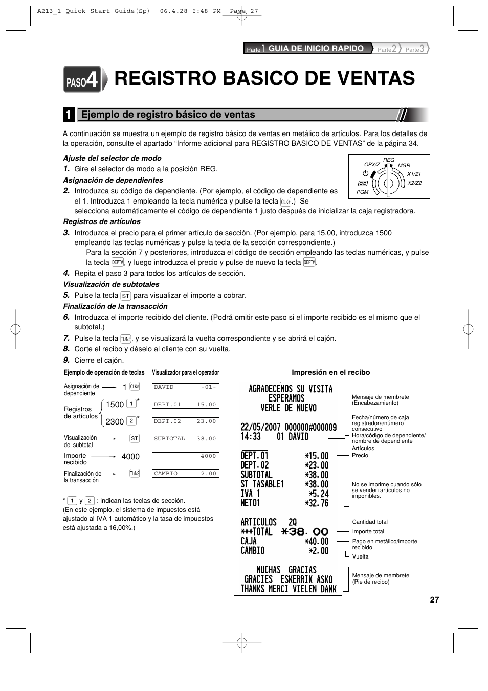 Registro basico de ventas, Paso, Ejemplo de registro básico de ventas | Sharp XE-A213 User Manual | Page 317 / 484