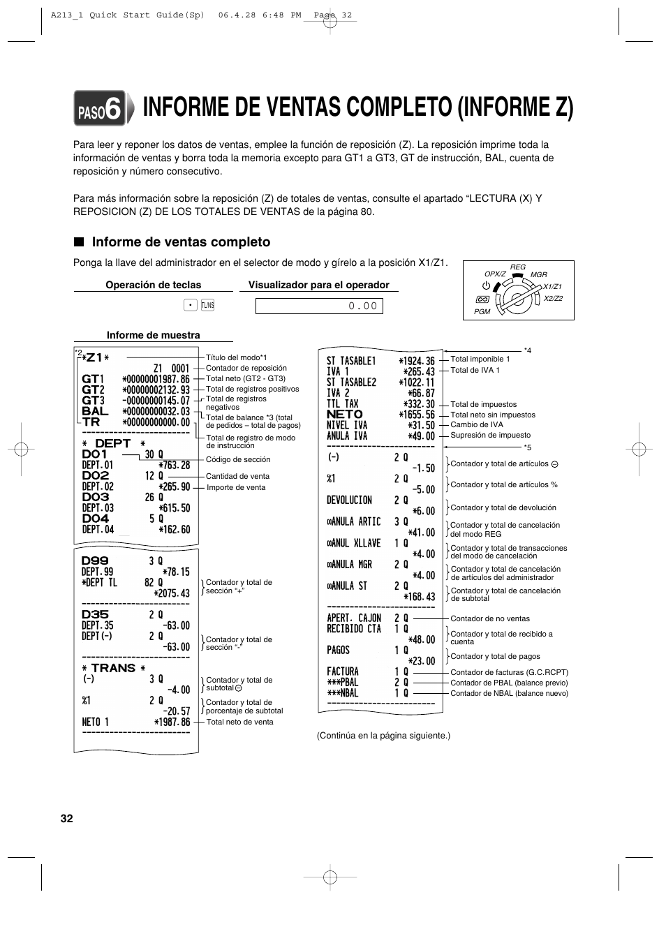 Informe de ventas completo (informe z), Paso, Informe de ventas completo | Sharp XE-A213 User Manual | Page 322 / 484