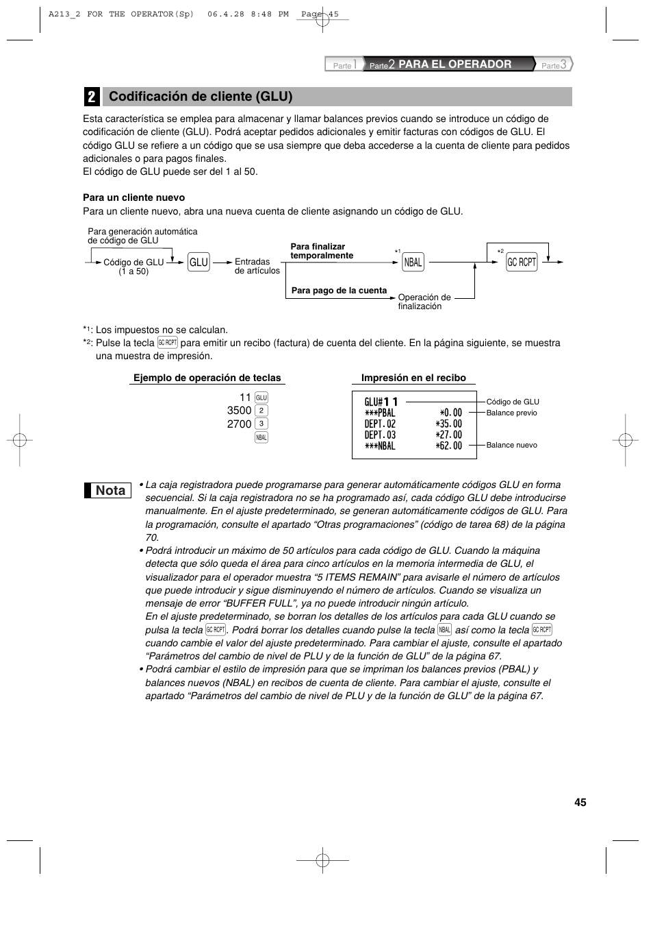 Nota, Codificación de cliente (glu) | Sharp XE-A213 User Manual | Page 335 / 484