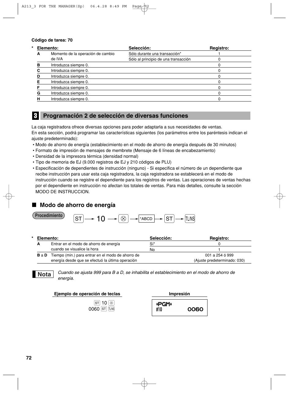 Modo de ahorro de energía, Nota, Programación 2 de selección de diversas funciones | Sharp XE-A213 User Manual | Page 362 / 484