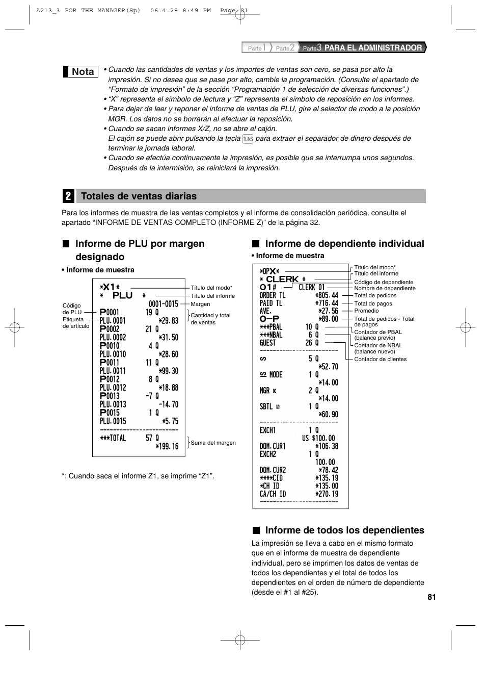 Informe de plu por margen designado, Informe de dependiente individual, Informe de todos los dependientes | Totales de ventas diarias, Nota | Sharp XE-A213 User Manual | Page 371 / 484