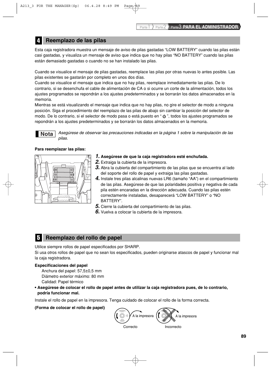 Reemplazo del rollo de papel, Nota reemplazo de las pilas | Sharp XE-A213 User Manual | Page 379 / 484