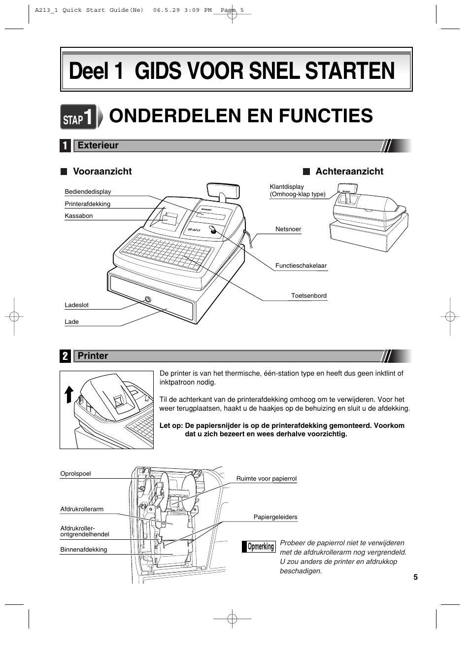 Deel 1 gids voor snel starten, Onderdelen en functies, Stap | Sharp XE-A213 User Manual | Page 391 / 484