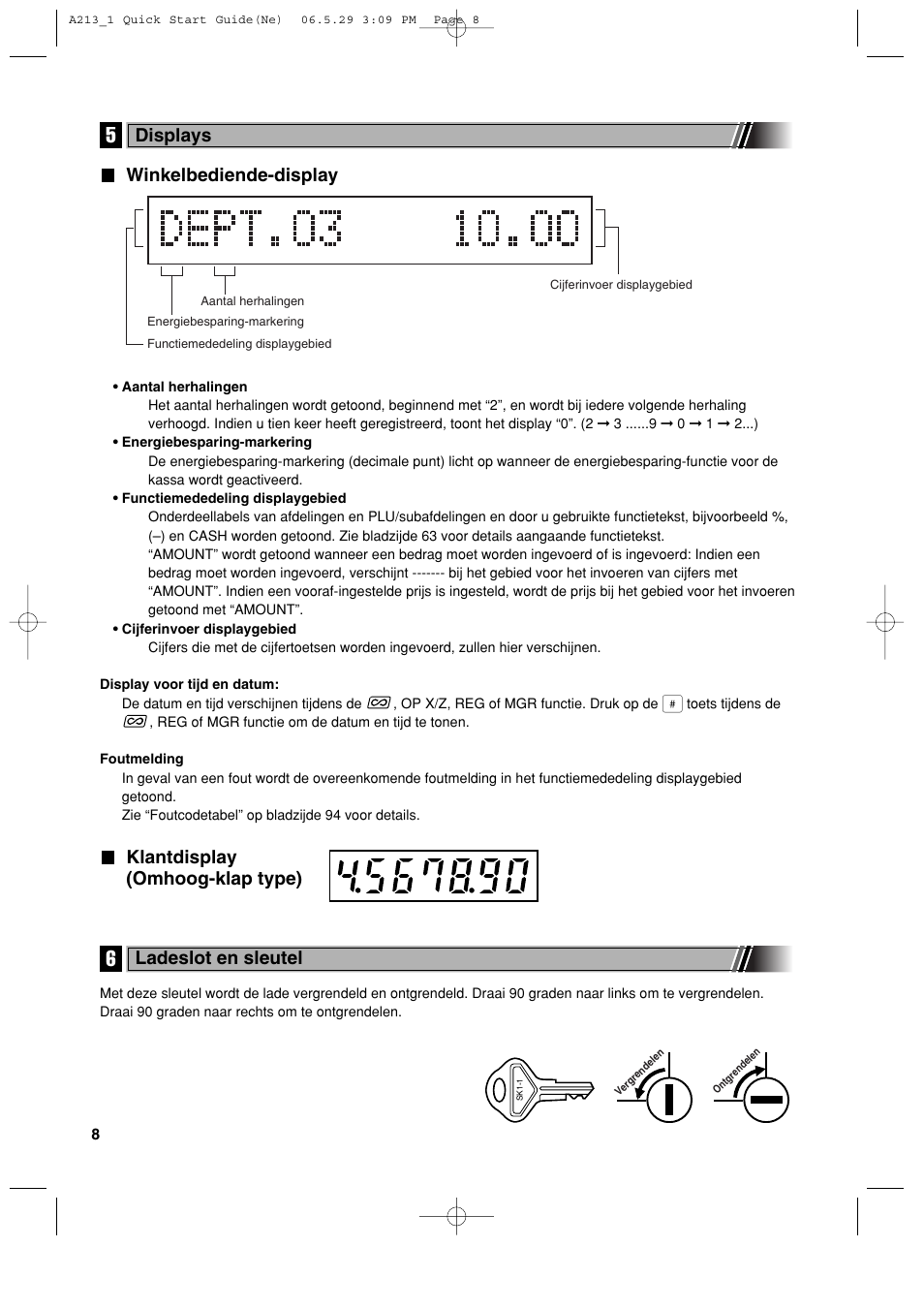 Winkelbediende-display, Klantdisplay (omhoog-klap type), Displays | Ladeslot en sleutel | Sharp XE-A213 User Manual | Page 394 / 484