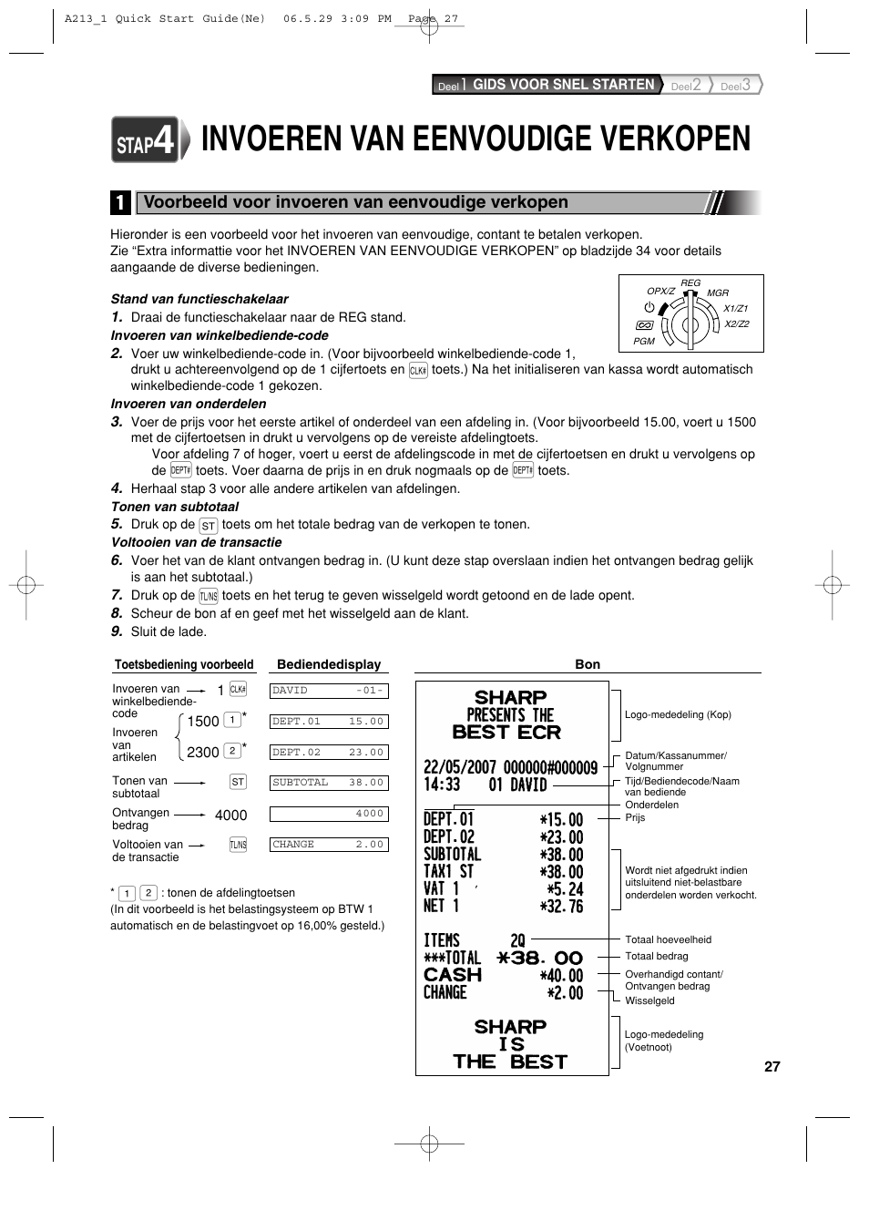 Invoeren van eenvoudige verkopen, Stap, Voorbeeld voor invoeren van eenvoudige verkopen | Sharp XE-A213 User Manual | Page 413 / 484