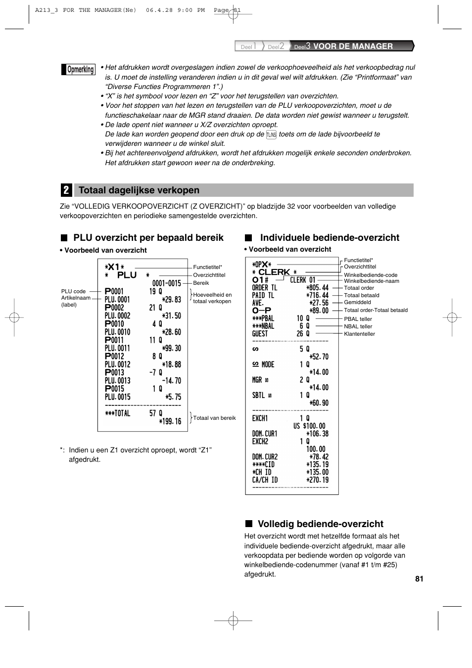 Plu overzicht per bepaald bereik, Individuele bediende-overzicht, Volledig bediende-overzicht | Totaal dagelijkse verkopen | Sharp XE-A213 User Manual | Page 467 / 484